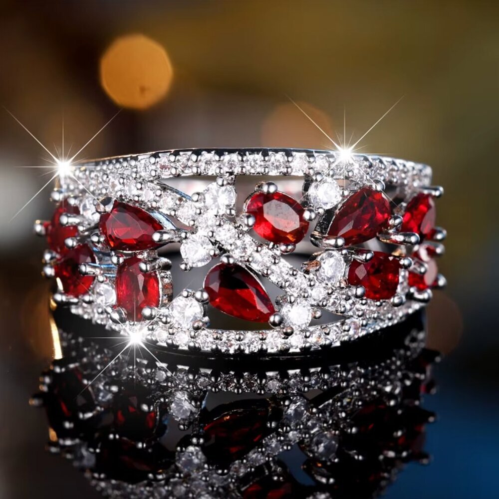 NEW 18k White Gold Ruby Ring Diamond Ring Band Wide Ring Band